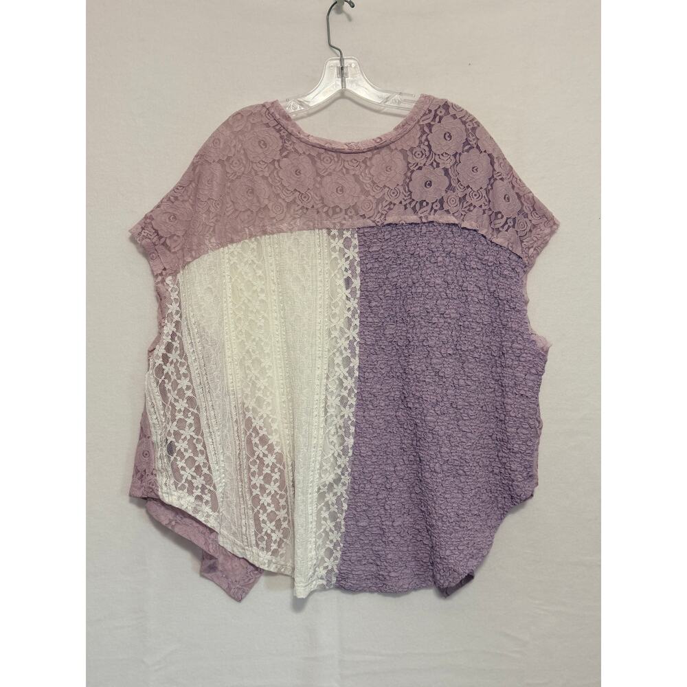 POL Short Sleeve Oversized Patchwork Lace Top Lavender Small Boho Shabby Chic - Picture 6 of 9